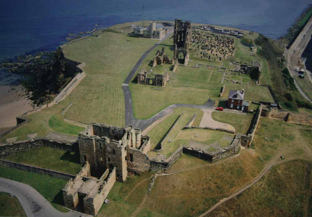 Aerial view of the Priory and Castle from an English Heritage board